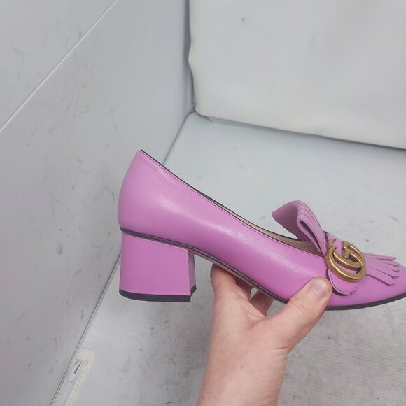 Gucci Marmont GG Candy Mousse Pink Smooth Leather Fringe Pump - Picture 4 of 12
